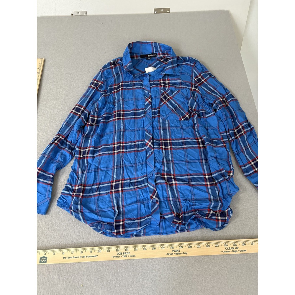 Denim 24/7 Shirt Womens 16W Blue Plaid Button Up Long Sleeve Rayon Soft Blouse